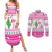 Pink Flamingo Christmas Couples Matching Summer Maxi Dress and Long Sleeve Button Shirt Xmas Holiday Patterns - Wonder Print Shop