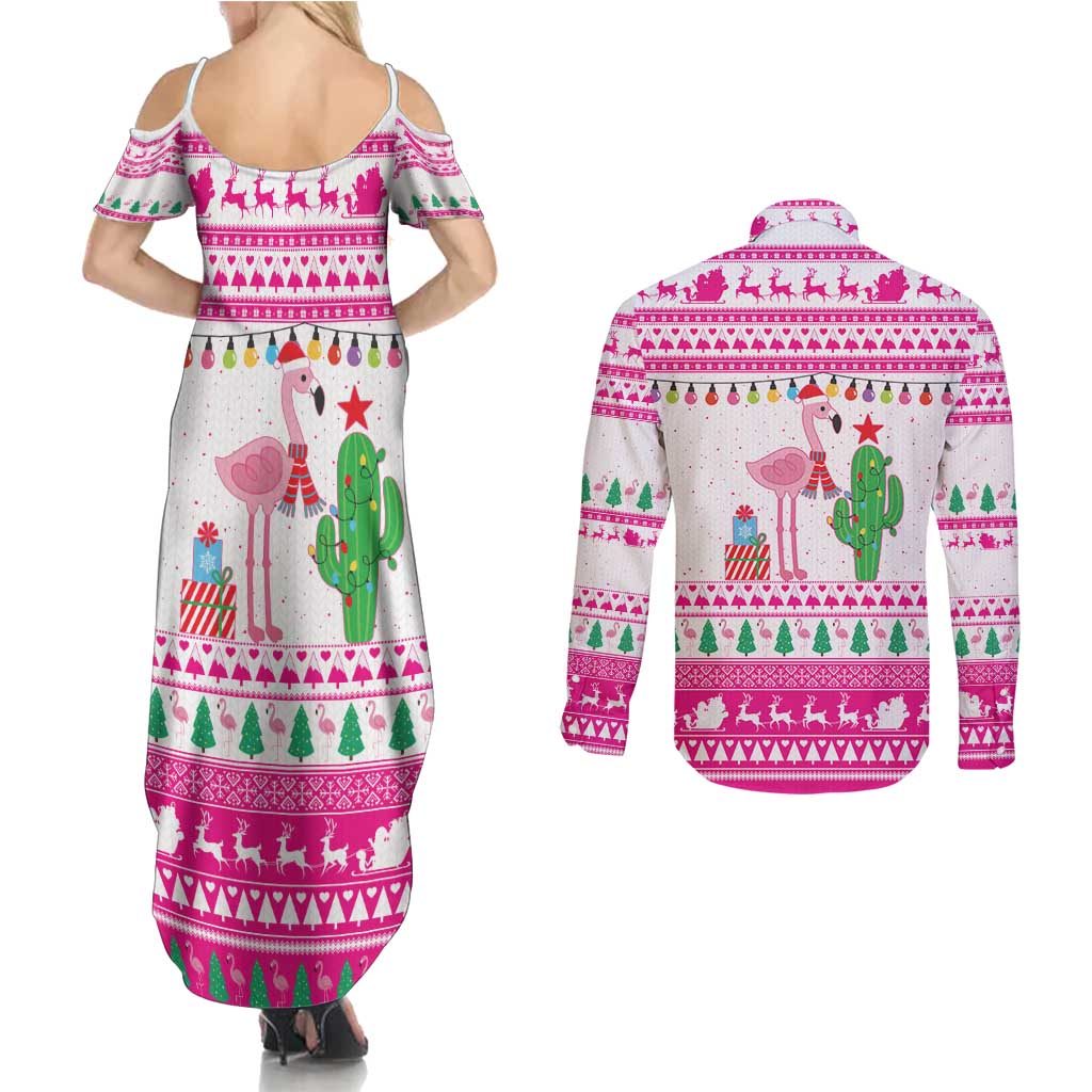 Pink Flamingo Christmas Couples Matching Summer Maxi Dress and Long Sleeve Button Shirt Xmas Holiday Patterns - Wonder Print Shop