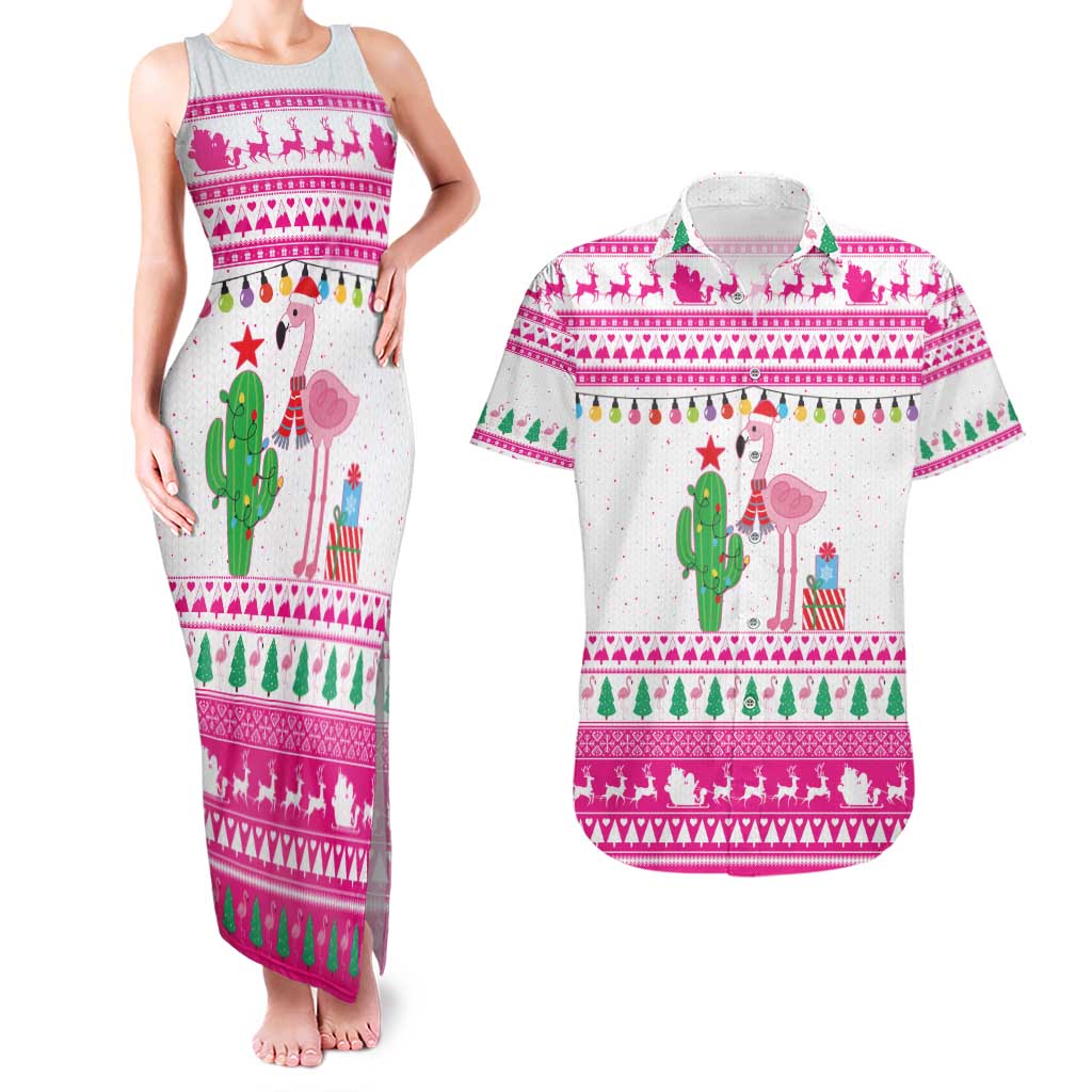 Pink Flamingo Christmas Couples Matching Tank Maxi Dress and Hawaiian Shirt Xmas Holiday Patterns - Wonder Print Shop