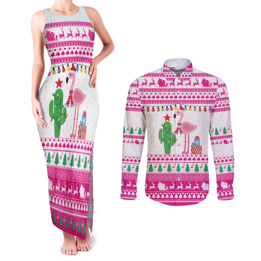 Pink Flamingo Christmas Couples Matching Tank Maxi Dress and Long Sleeve Button Shirt Xmas Holiday Patterns - Wonder Print Shop