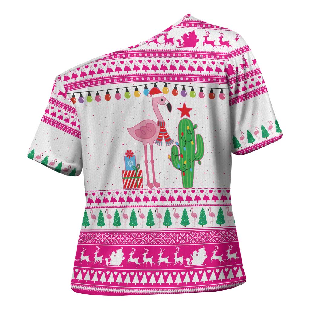 Pink Flamingo Christmas Cross Shoulder Shirt Xmas Holiday Patterns - Wonder Print Shop