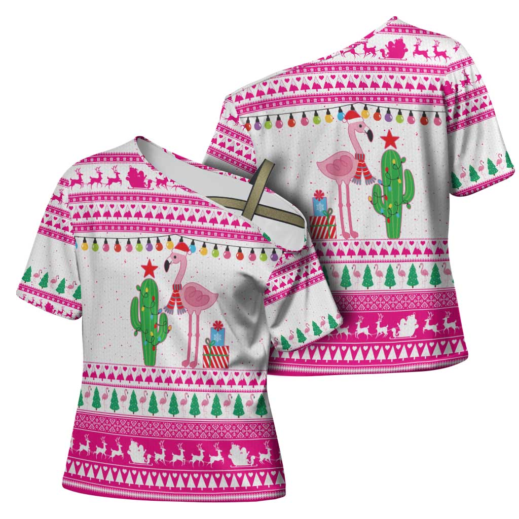 Pink Flamingo Christmas Cross Shoulder Shirt Xmas Holiday Patterns - Wonder Print Shop