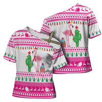 Pink Flamingo Christmas Cross Shoulder Shirt Xmas Holiday Patterns - Wonder Print Shop