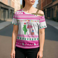 Pink Flamingo Christmas Cross Shoulder Shirt Xmas Holiday Patterns - Wonder Print Shop