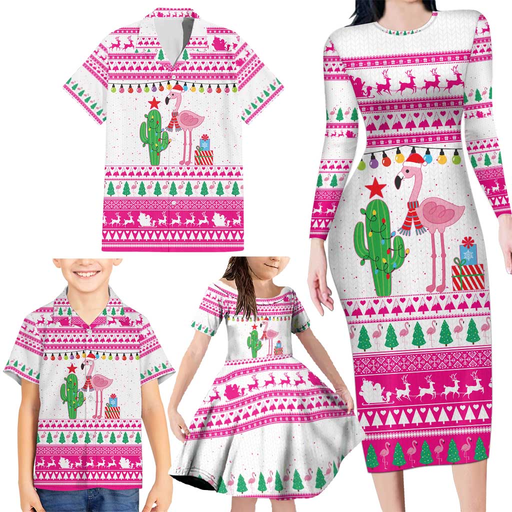 Pink Flamingo Christmas Family Matching Long Sleeve Bodycon Dress and Hawaiian Shirt Xmas Holiday Patterns - Wonder Print Shop