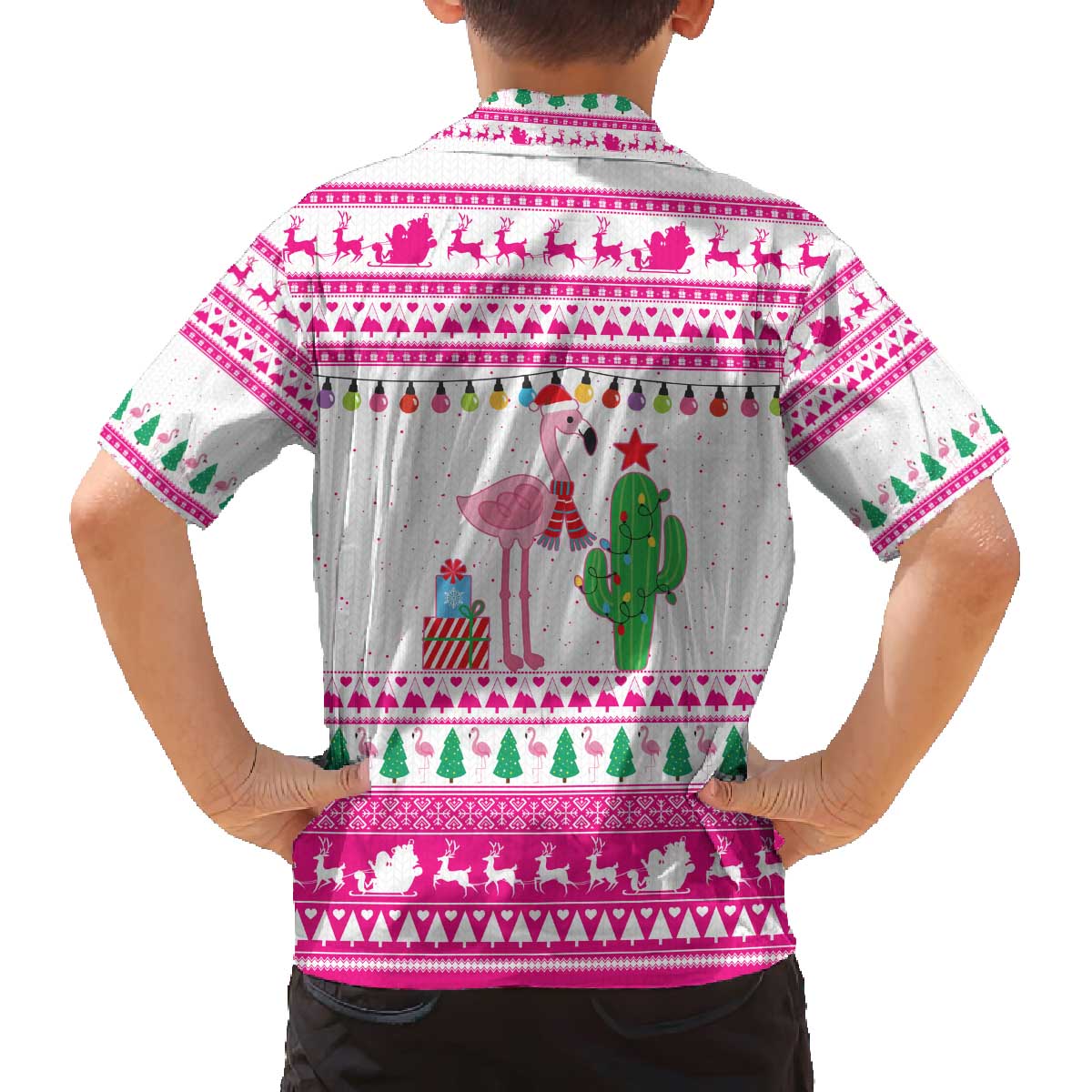 Pink Flamingo Christmas Family Matching Off The Shoulder Long Sleeve Dress and Hawaiian Shirt Xmas Holiday Patterns - Wonder Print Shop