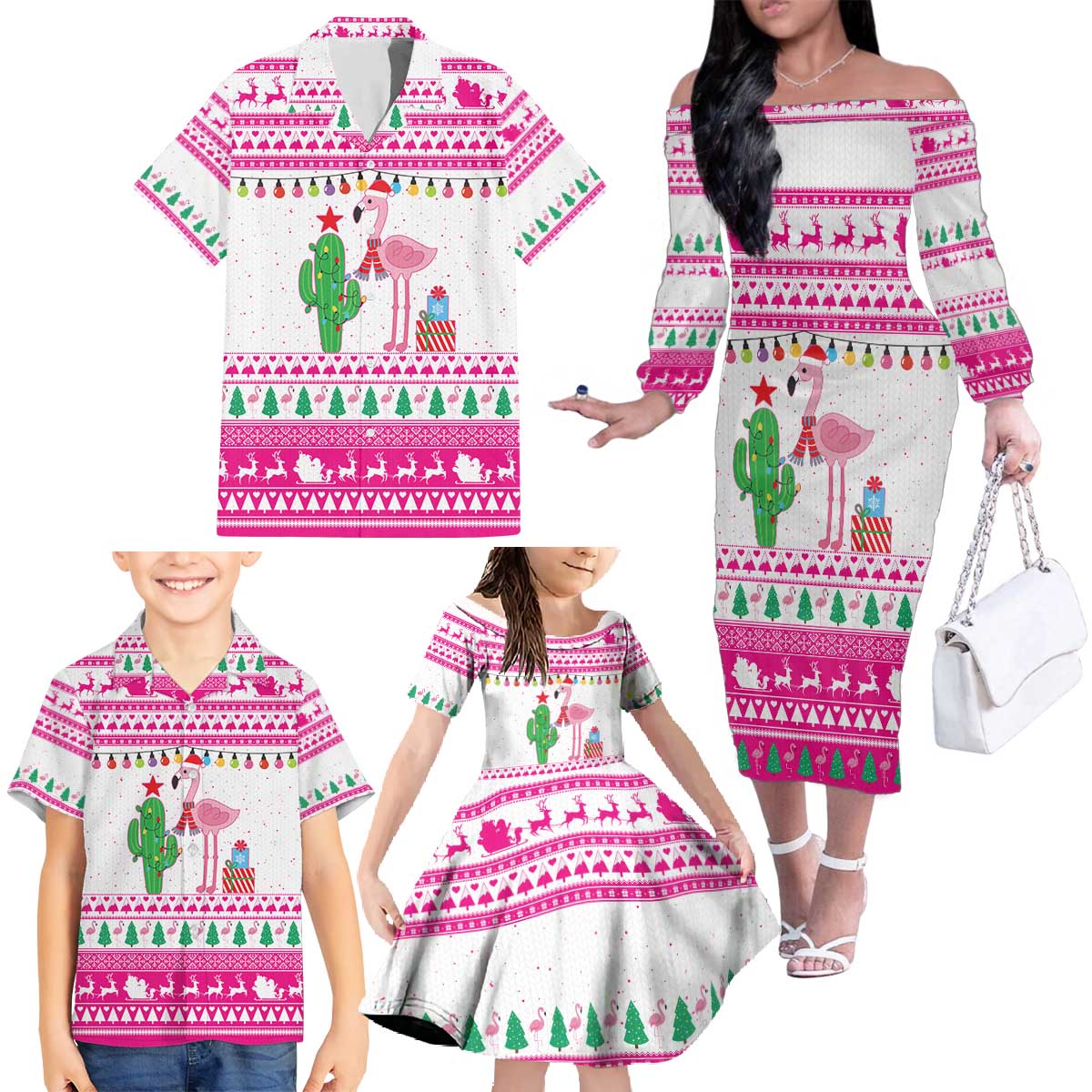 Pink Flamingo Christmas Family Matching Off The Shoulder Long Sleeve Dress and Hawaiian Shirt Xmas Holiday Patterns - Wonder Print Shop