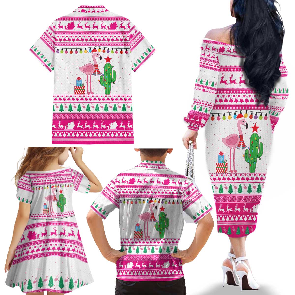 Pink Flamingo Christmas Family Matching Off The Shoulder Long Sleeve Dress and Hawaiian Shirt Xmas Holiday Patterns - Wonder Print Shop