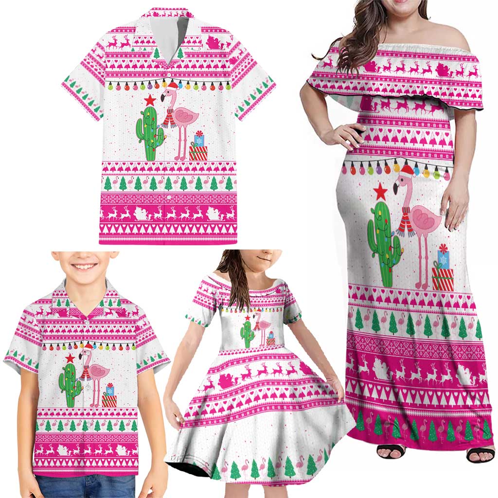 Pink Flamingo Christmas Family Matching Off Shoulder Maxi Dress and Hawaiian Shirt Xmas Holiday Patterns - Wonder Print Shop