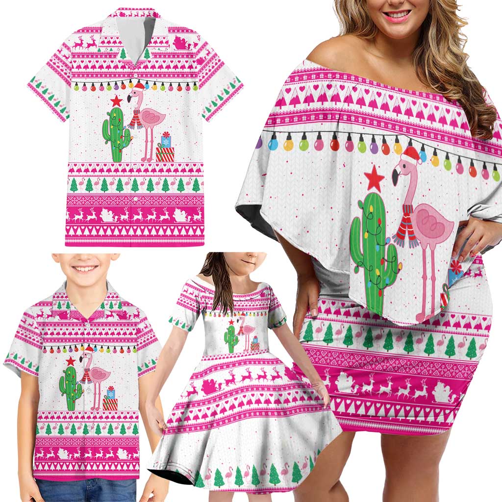 Pink Flamingo Christmas Family Matching Off Shoulder Short Dress and Hawaiian Shirt Xmas Holiday Patterns - Wonder Print Shop
