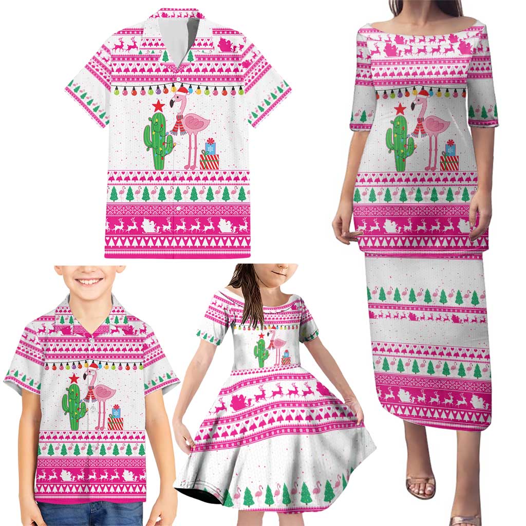 Pink Flamingo Christmas Family Matching Puletasi and Hawaiian Shirt Xmas Holiday Patterns - Wonder Print Shop