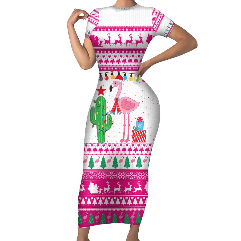Pink Flamingo Christmas Family Matching Short Sleeve Bodycon Dress and Hawaiian Shirt Xmas Holiday Patterns - Wonder Print Shop