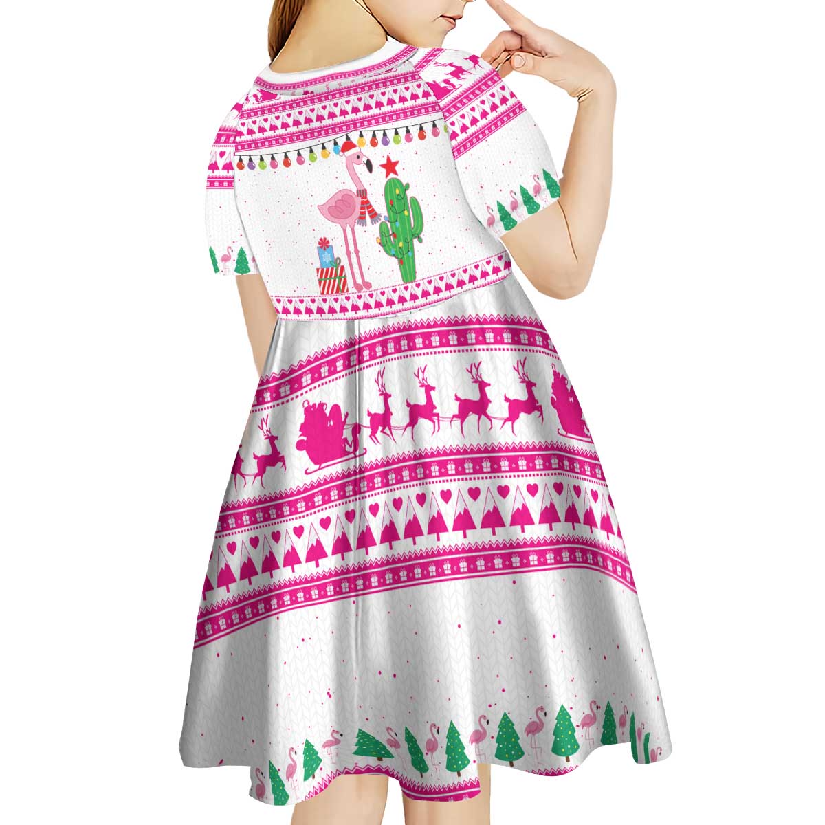 Pink Flamingo Christmas Kid Short Sleeve Dress Xmas Holiday Patterns - Wonder Print Shop