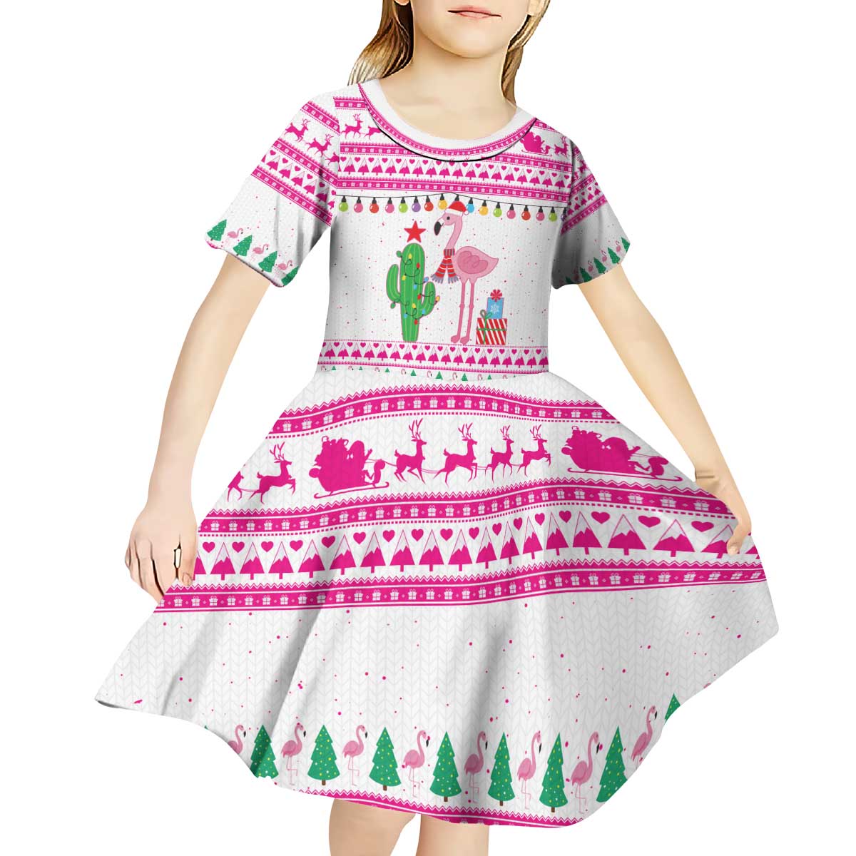 Pink Flamingo Christmas Kid Short Sleeve Dress Xmas Holiday Patterns - Wonder Print Shop