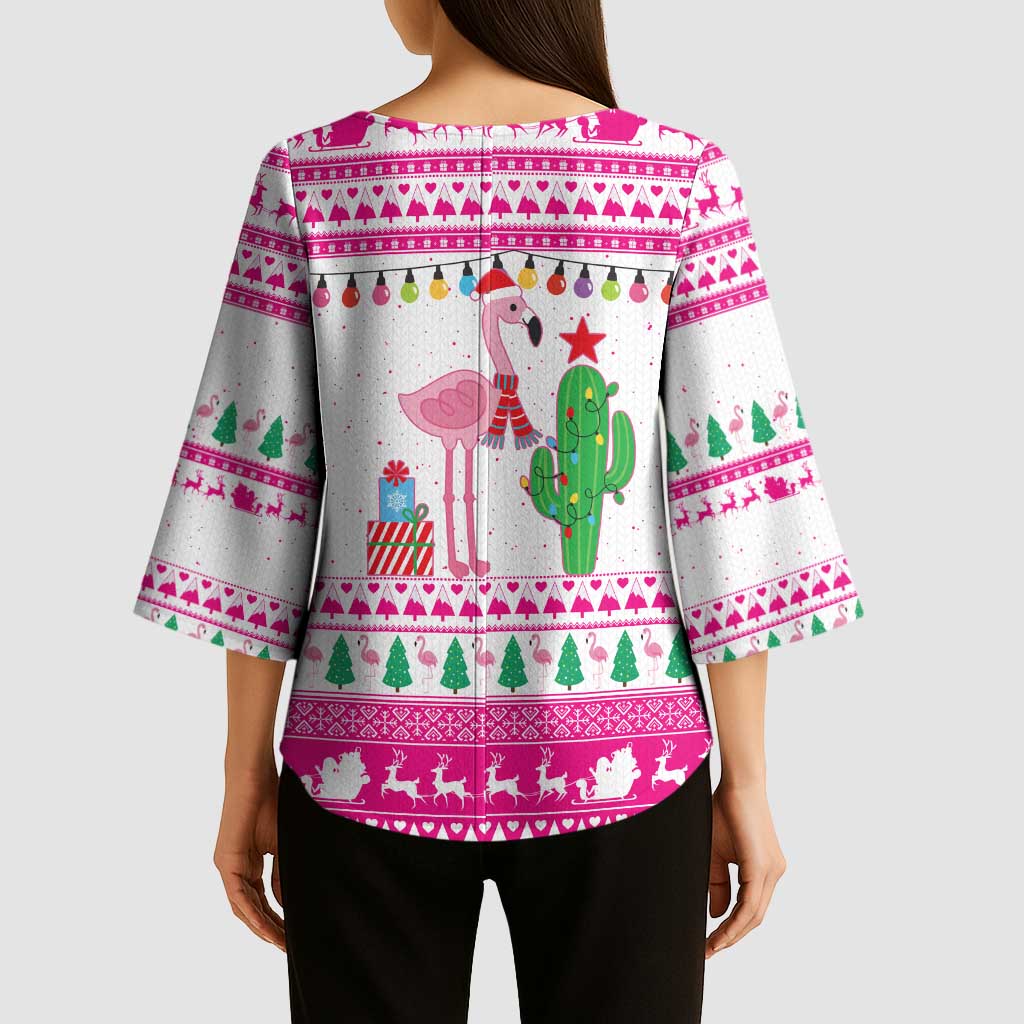 Pink Flamingo Christmas Kimono Sleeve Blouse Xmas Holiday Patterns - Wonder Print Shop