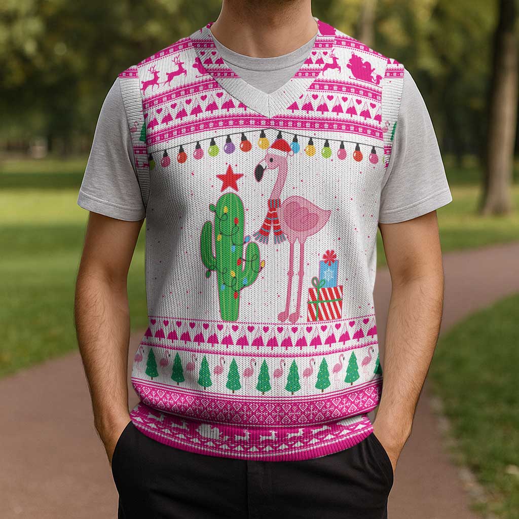 Pink Flamingo Christmas Knitted V-Neck Vest Xmas Holiday Patterns - Wonder Print Shop