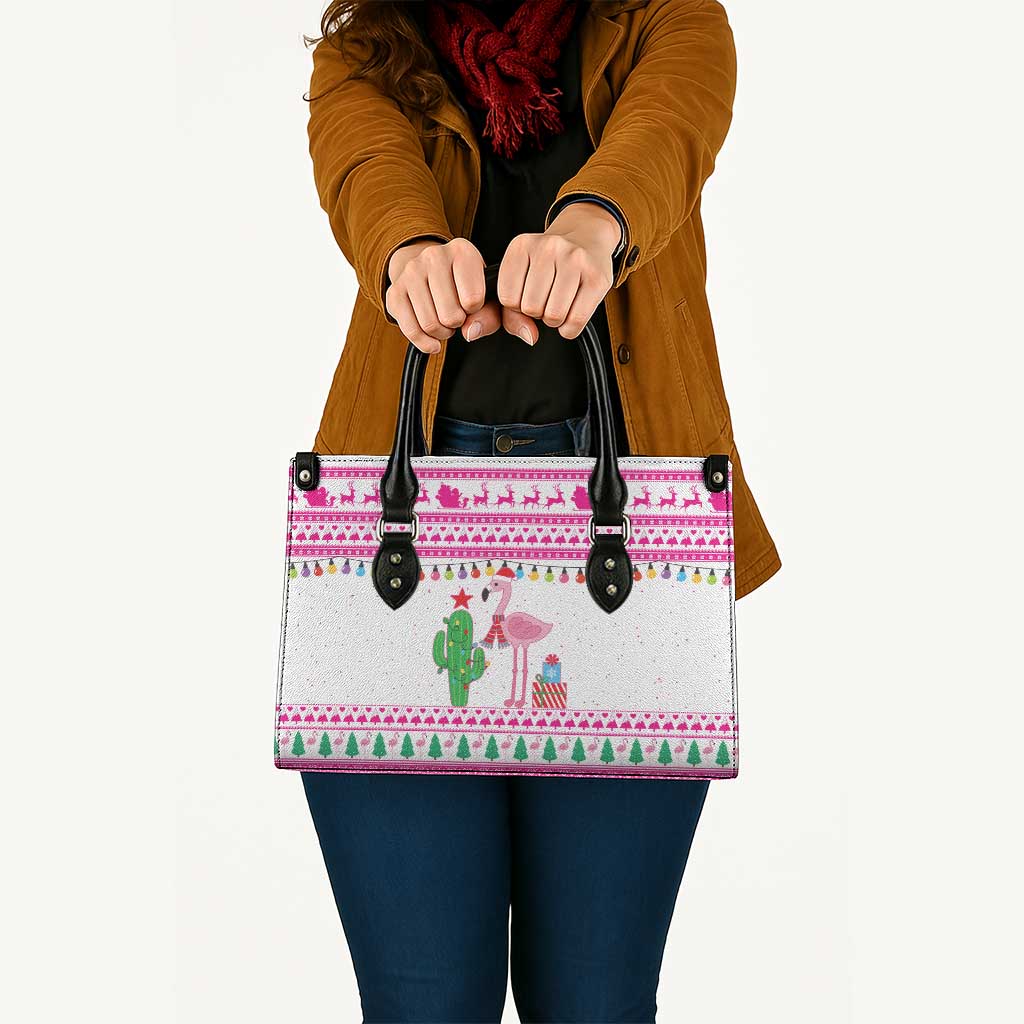 Pink Flamingo Christmas Leather Bag Xmas Holiday Patterns - Wonder Print Shop