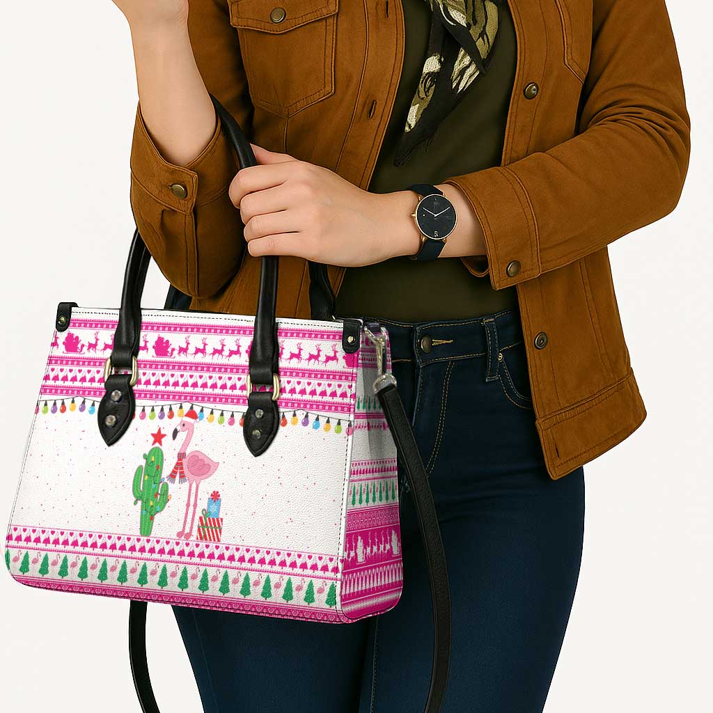Pink Flamingo Christmas Leather Bag Xmas Holiday Patterns - Wonder Print Shop