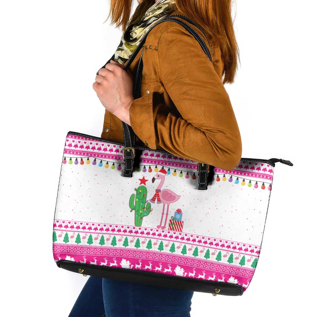 Pink Flamingo Christmas Leather Tote Bag Xmas Holiday Patterns - Wonder Print Shop
