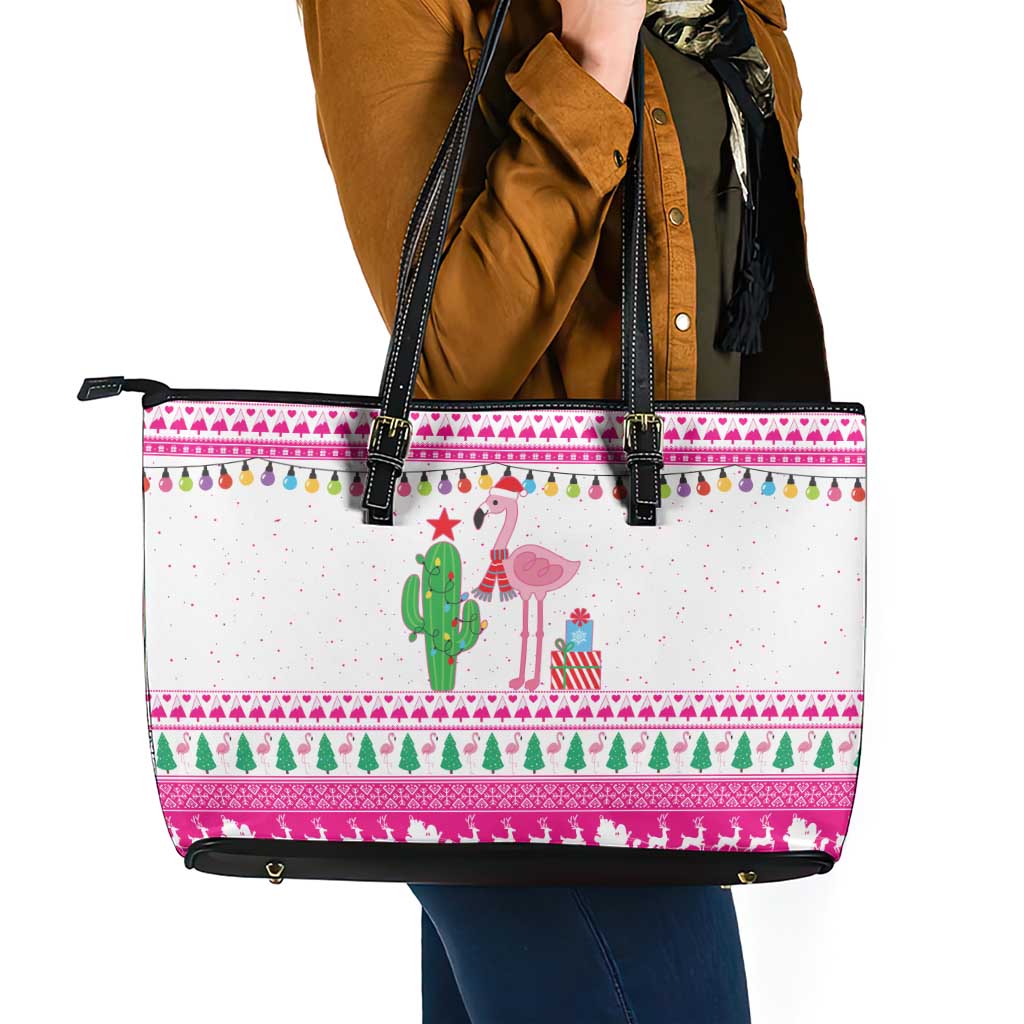 Pink Flamingo Christmas Leather Tote Bag Xmas Holiday Patterns - Wonder Print Shop