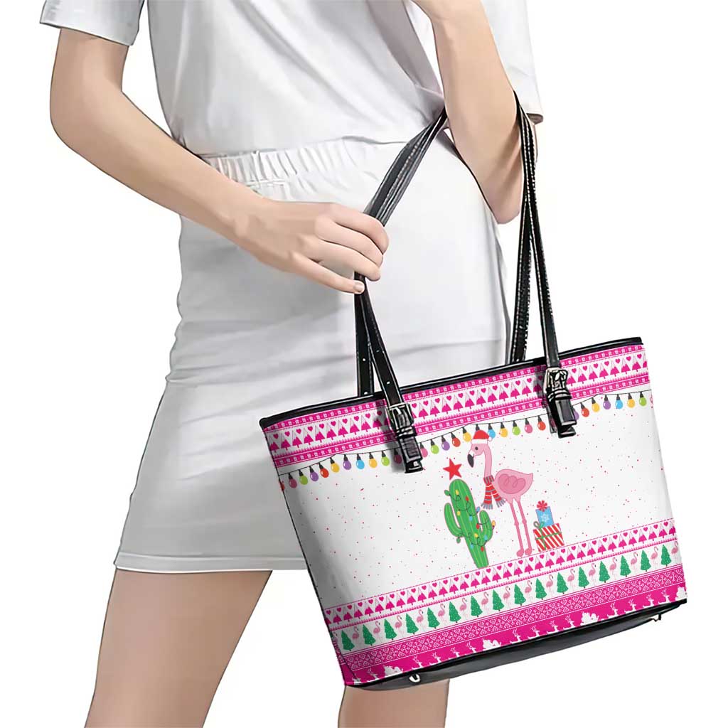 Pink Flamingo Christmas Leather Tote Bag Xmas Holiday Patterns - Wonder Print Shop