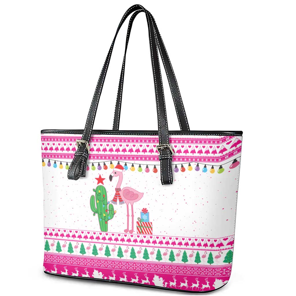 Pink Flamingo Christmas Leather Tote Bag Xmas Holiday Patterns - Wonder Print Shop