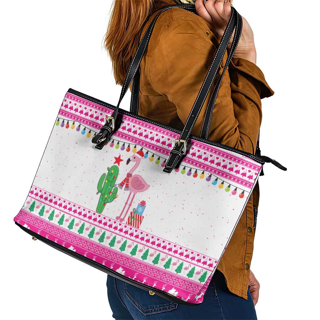 Pink Flamingo Christmas Leather Tote Bag Xmas Holiday Patterns - Wonder Print Shop