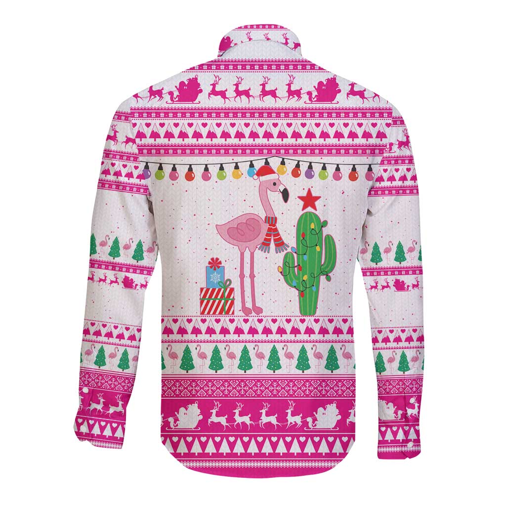 Pink Flamingo Christmas Long Sleeve Button Shirt Xmas Holiday Patterns - Wonder Print Shop