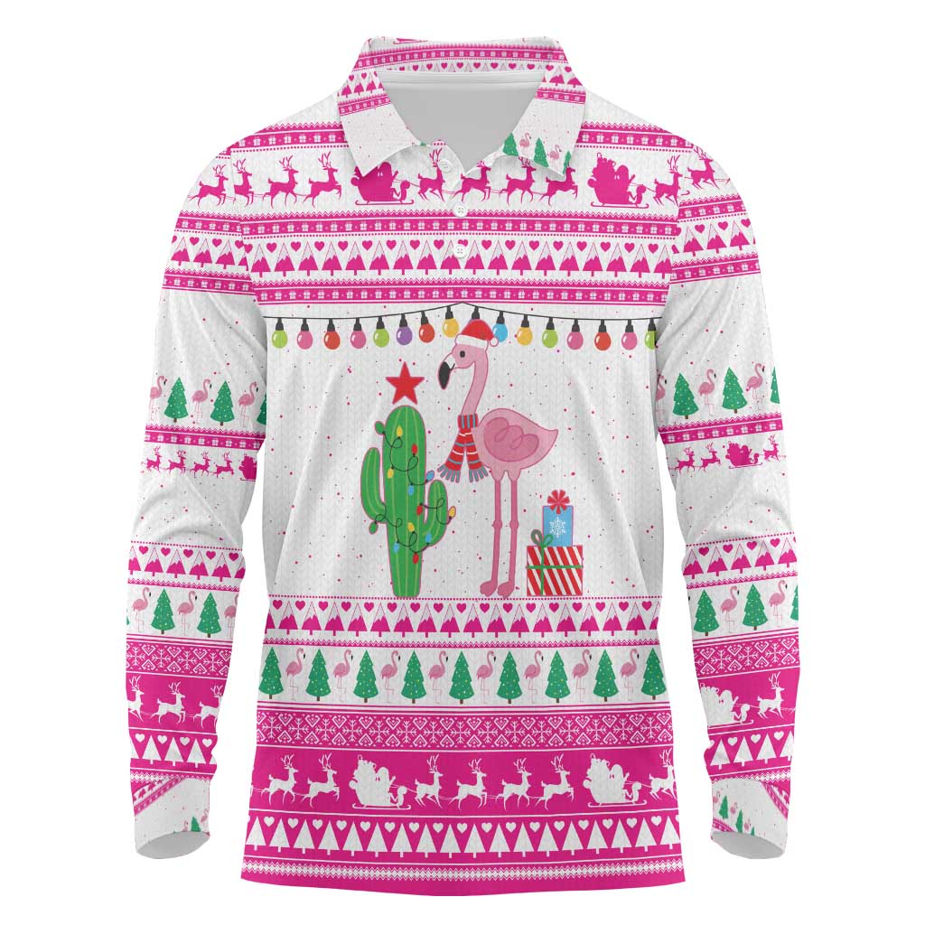 Pink Flamingo Christmas Long Sleeve Polo Shirt Xmas Holiday Patterns - Wonder Print Shop