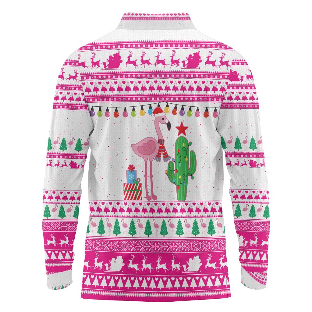 Pink Flamingo Christmas Long Sleeve Polo Shirt Xmas Holiday Patterns - Wonder Print Shop