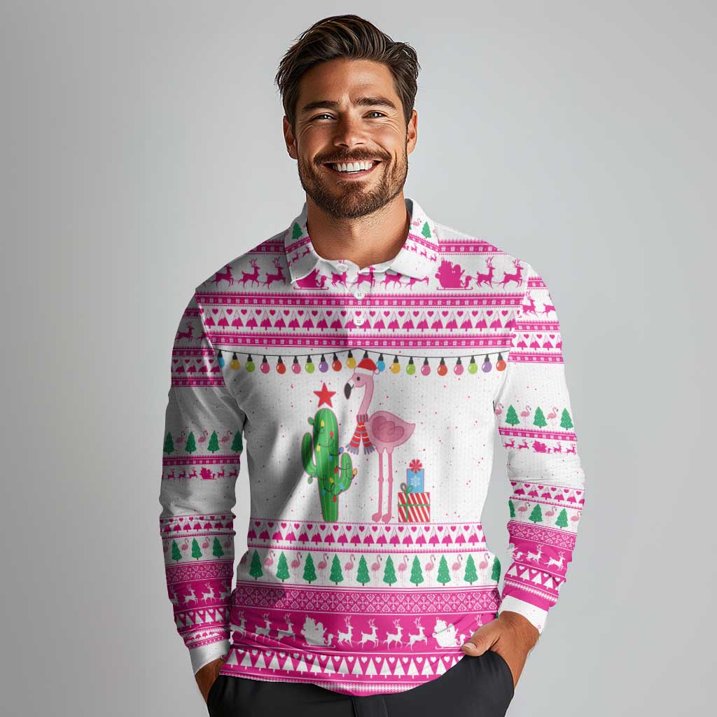 Pink Flamingo Christmas Long Sleeve Polo Shirt Xmas Holiday Patterns - Wonder Print Shop