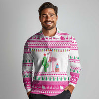 Pink Flamingo Christmas Long Sleeve Polo Shirt Xmas Holiday Patterns - Wonder Print Shop