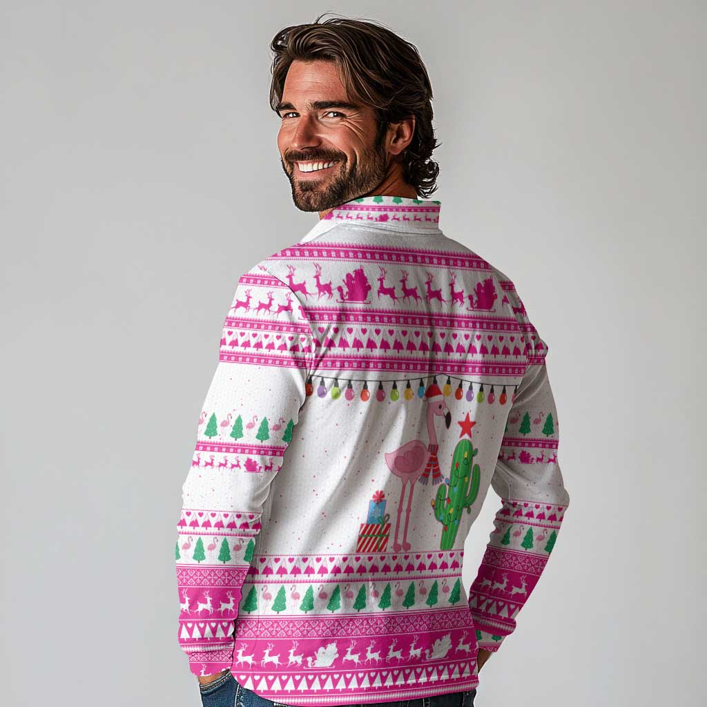 Pink Flamingo Christmas Long Sleeve Polo Shirt Xmas Holiday Patterns - Wonder Print Shop