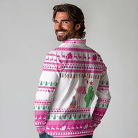Pink Flamingo Christmas Long Sleeve Polo Shirt Xmas Holiday Patterns - Wonder Print Shop