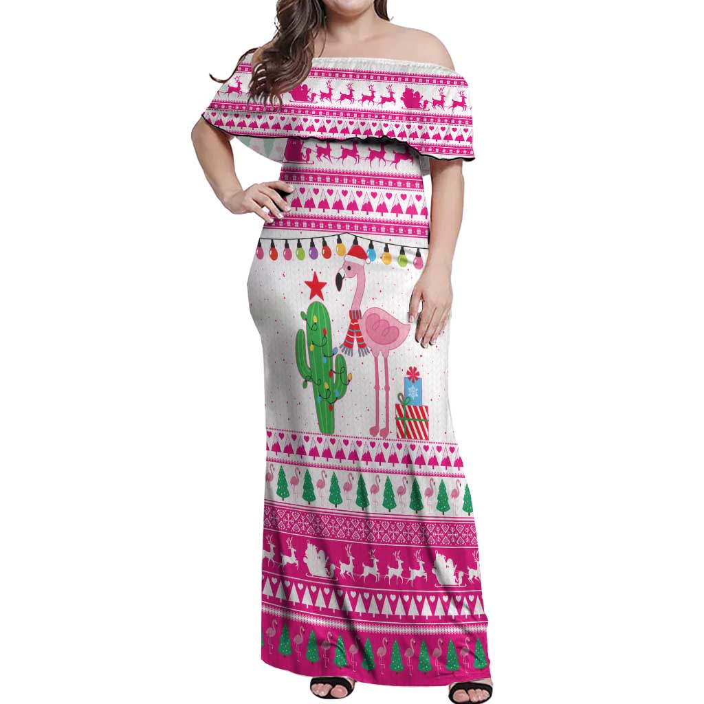 Pink Flamingo Christmas Off Shoulder Maxi Dress Xmas Holiday Patterns - Wonder Print Shop