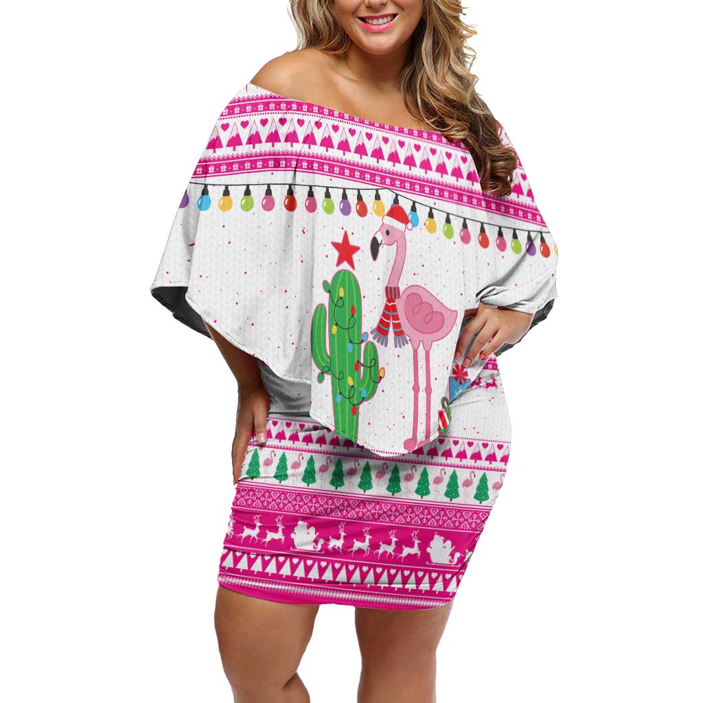 Pink Flamingo Christmas Off Shoulder Short Dress Xmas Holiday Patterns - Wonder Print Shop