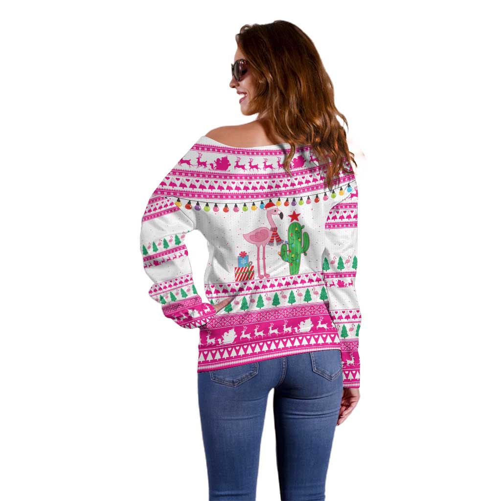 Pink Flamingo Christmas Off Shoulder Sweater Xmas Holiday Patterns - Wonder Print Shop
