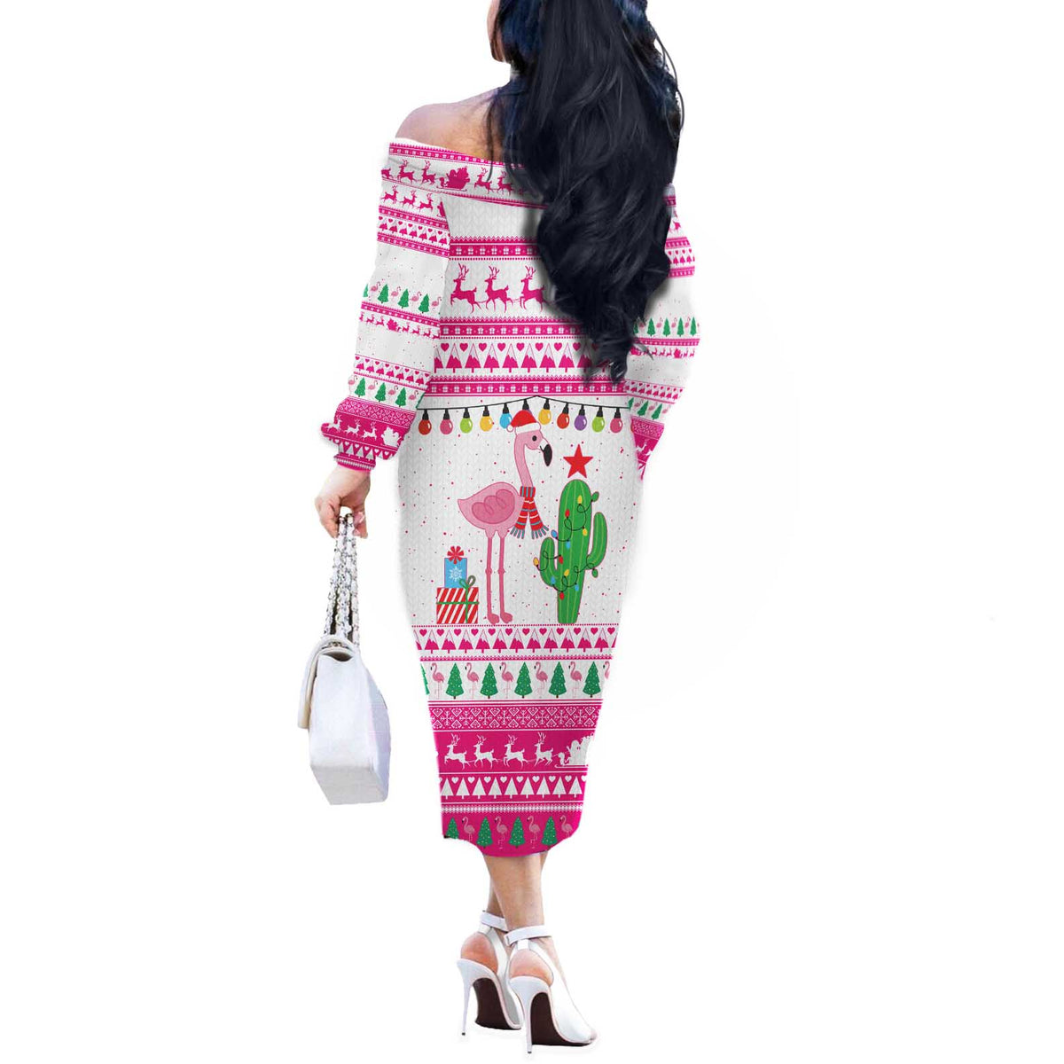 Pink Flamingo Christmas Off The Shoulder Long Sleeve Dress Xmas Holiday Patterns - Wonder Print Shop