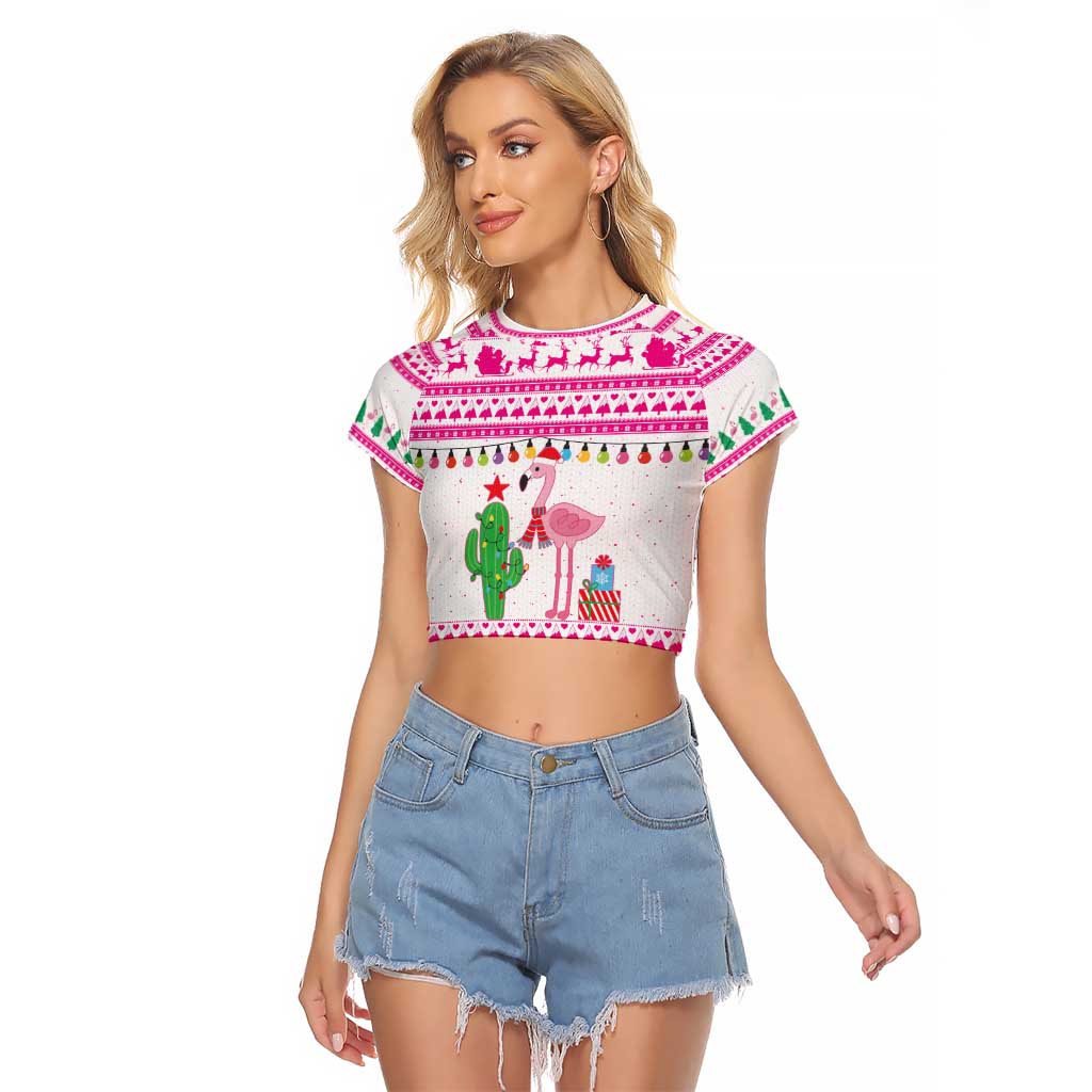 Pink Flamingo Christmas Raglan Cropped T Shirt Xmas Holiday Patterns - Wonder Print Shop