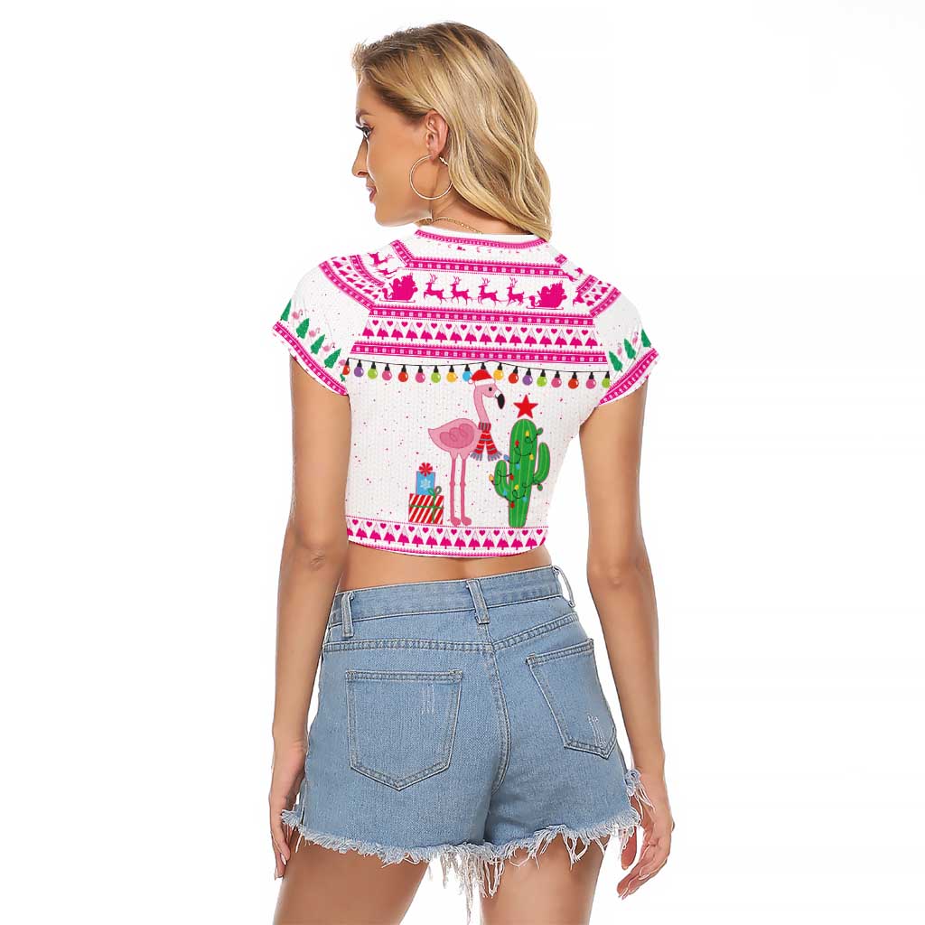 Pink Flamingo Christmas Raglan Cropped T Shirt Xmas Holiday Patterns - Wonder Print Shop