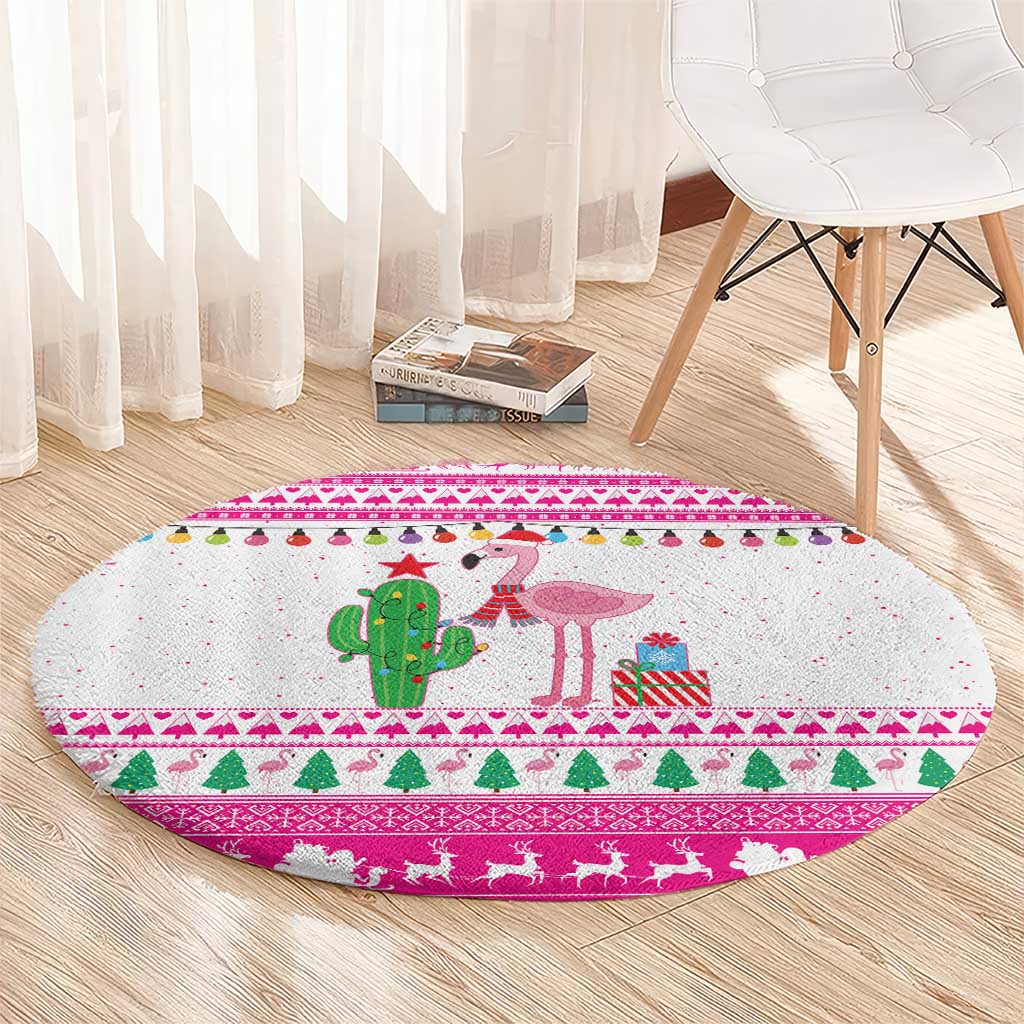 Pink Flamingo Christmas Round Carpet Xmas Holiday Patterns - Wonder Print Shop