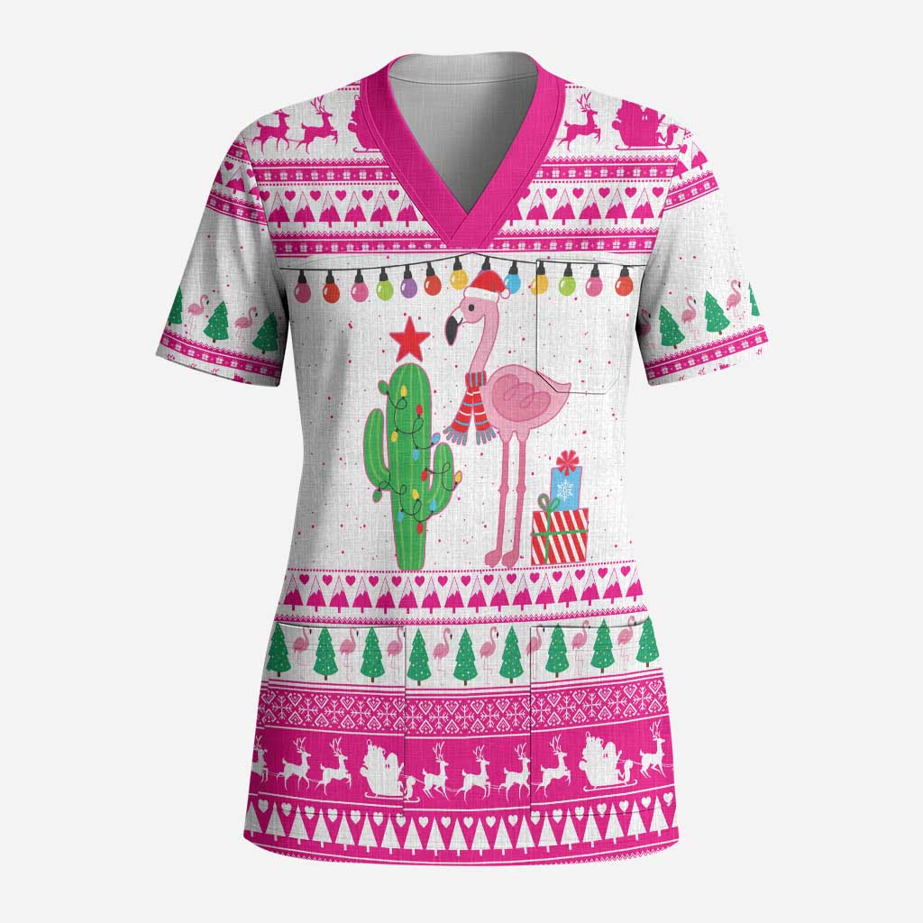 Pink Flamingo Christmas Scrub Top Xmas Holiday Patterns - Wonder Print Shop
