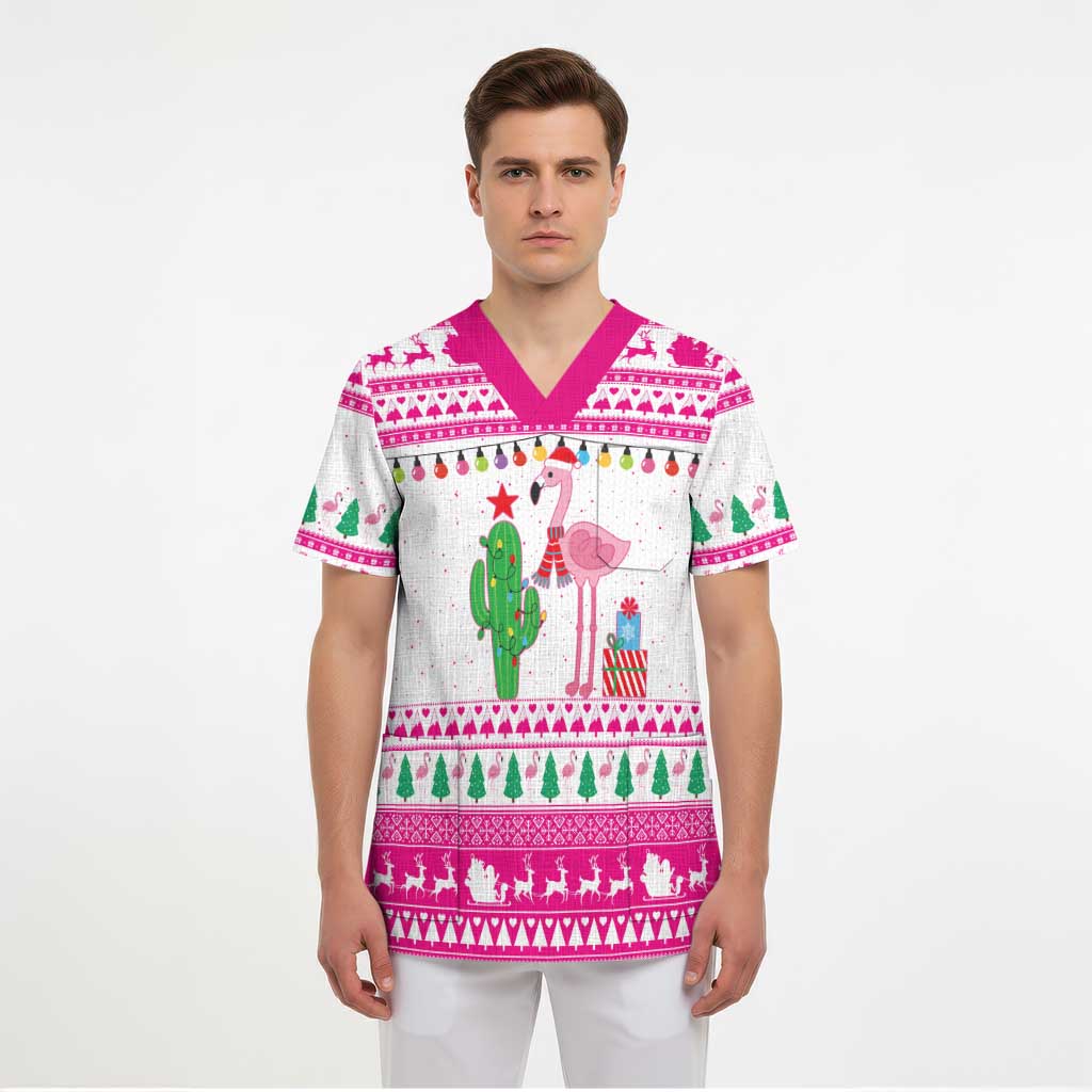 Pink Flamingo Christmas Scrub Top Xmas Holiday Patterns - Wonder Print Shop