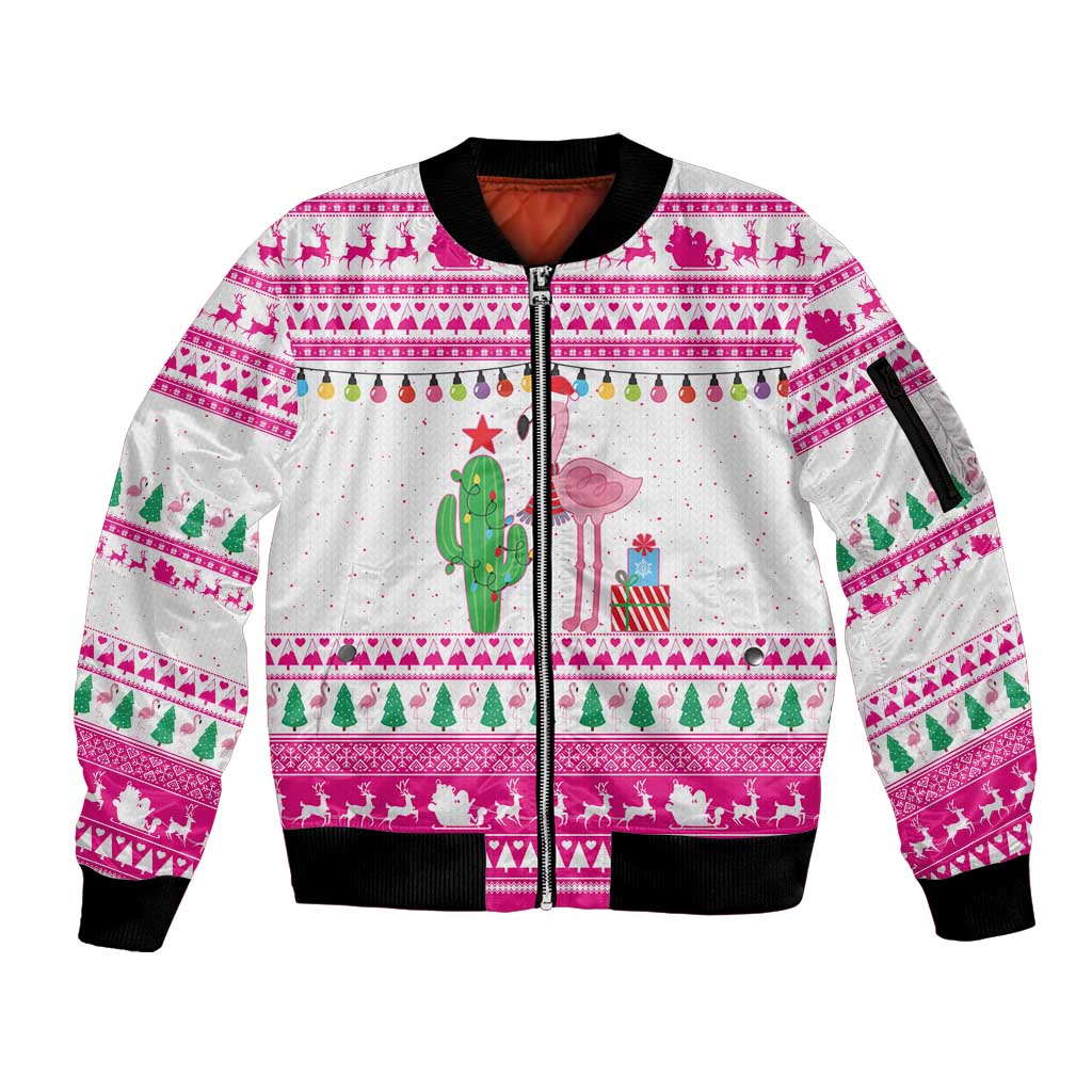 Pink Flamingo Christmas Sleeve Zip Bomber Jacket Xmas Holiday Patterns - Wonder Print Shop