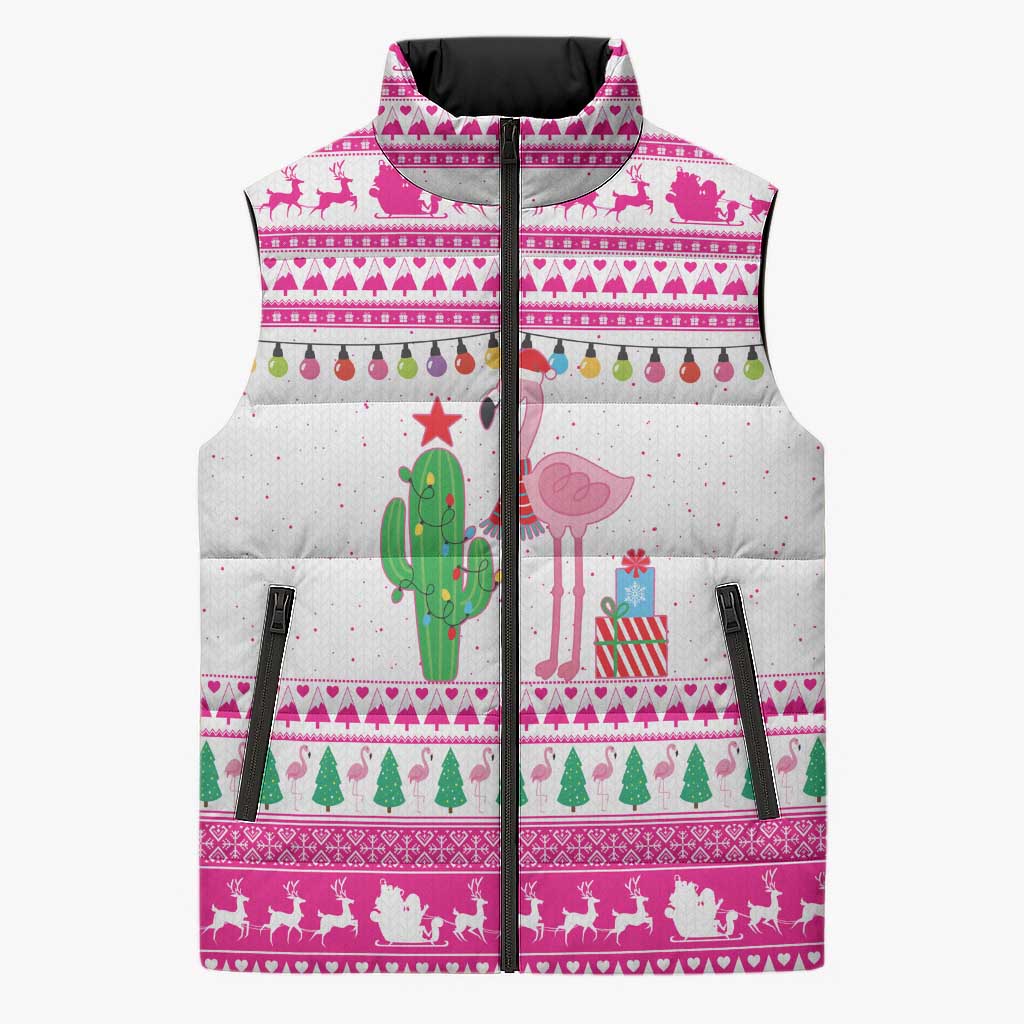 Pink Flamingo Christmas Sleeveless Puffer Jacket Xmas Holiday Patterns - Wonder Print Shop