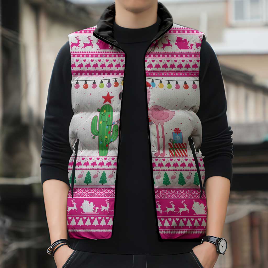 Pink Flamingo Christmas Sleeveless Puffer Jacket Xmas Holiday Patterns - Wonder Print Shop