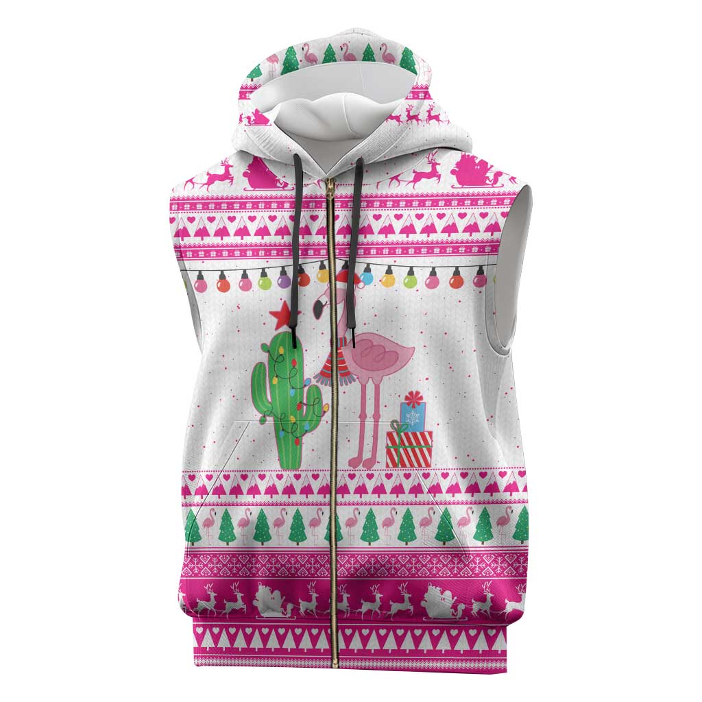 Pink Flamingo Christmas Sleeveless Zip Hoodie Xmas Holiday Patterns - Wonder Print Shop