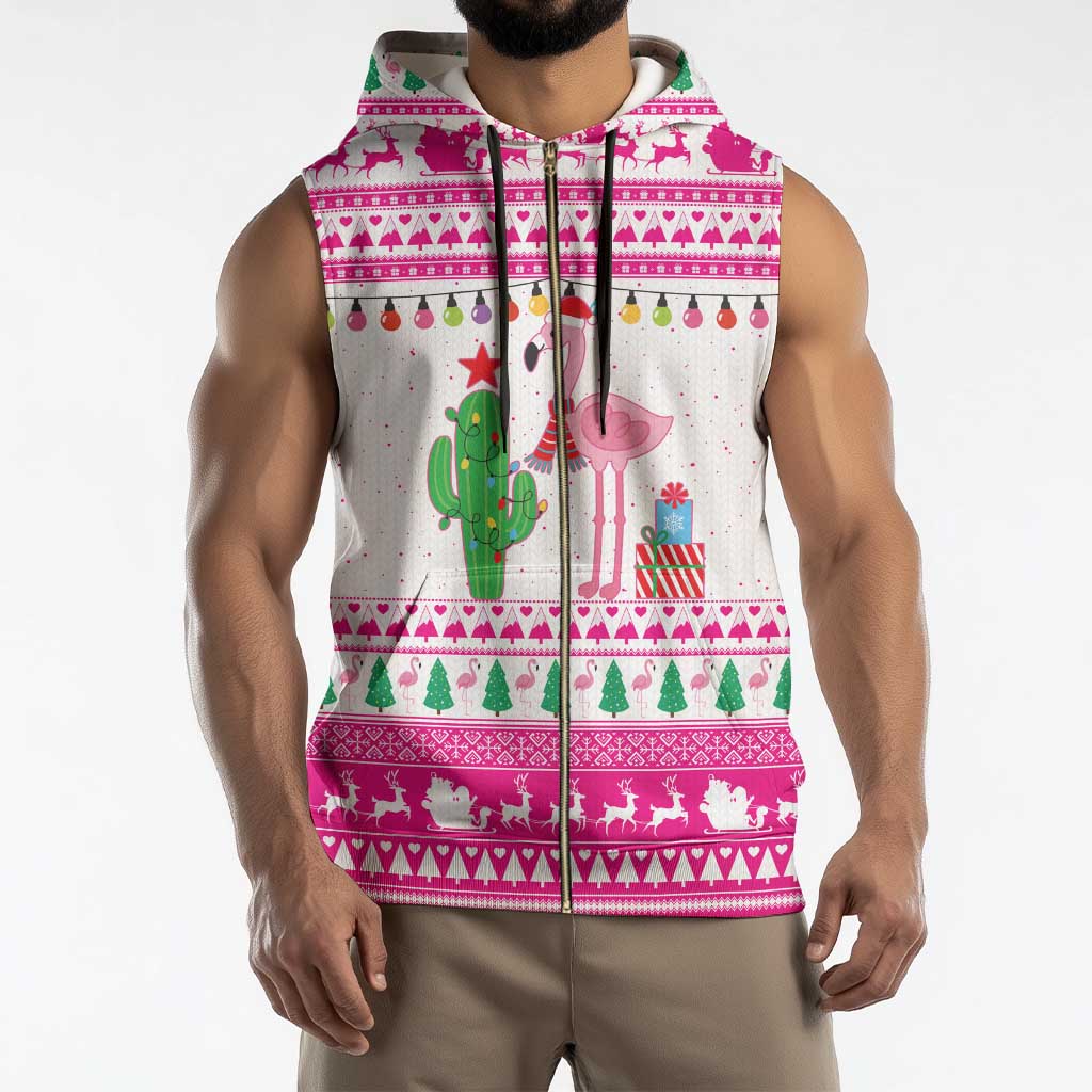 Pink Flamingo Christmas Sleeveless Zip Hoodie Xmas Holiday Patterns - Wonder Print Shop