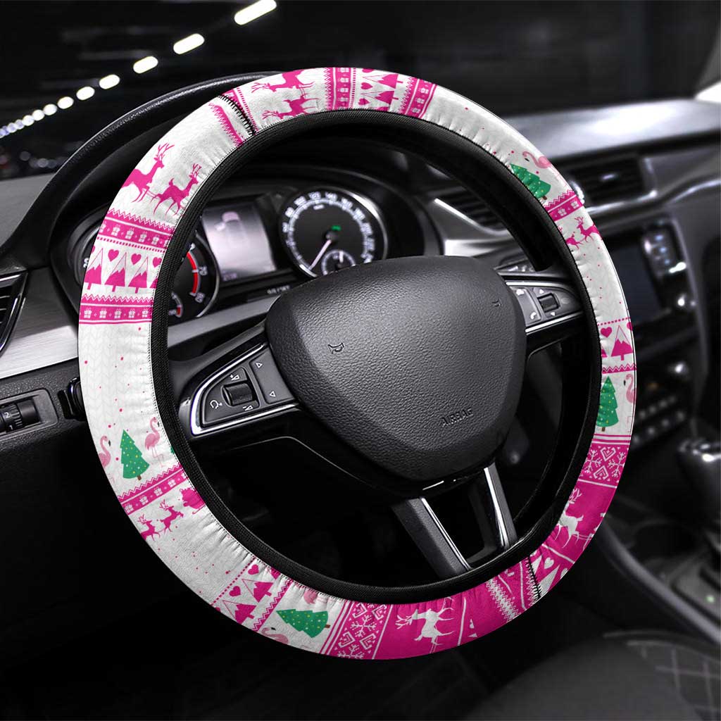 Pink Flamingo Christmas Steering Wheel Cover Xmas Holiday Patterns - Wonder Print Shop
