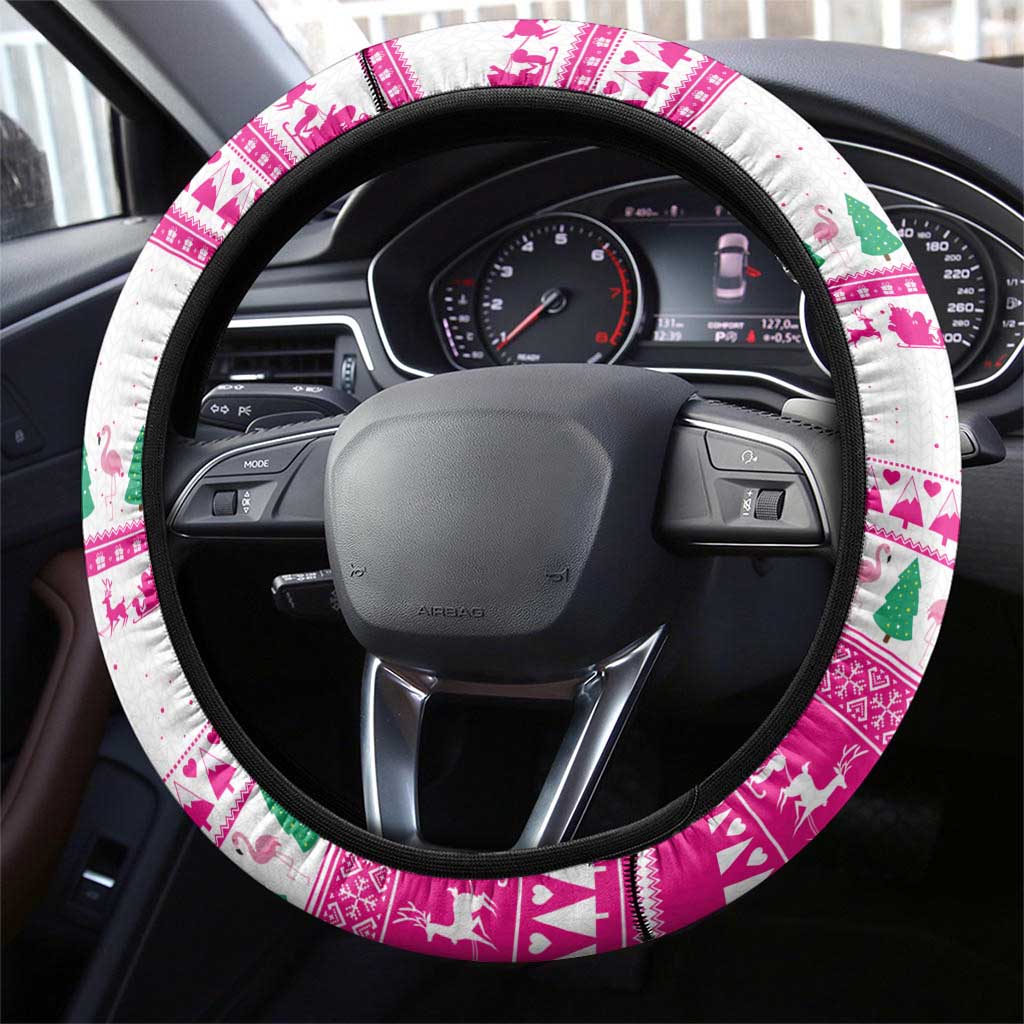 Pink Flamingo Christmas Steering Wheel Cover Xmas Holiday Patterns - Wonder Print Shop